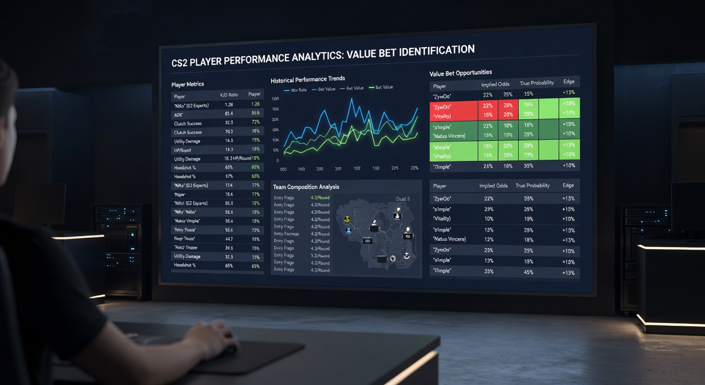 Detailed CS2 analytics dashboard showing player stats, graphs, and tournament overlays