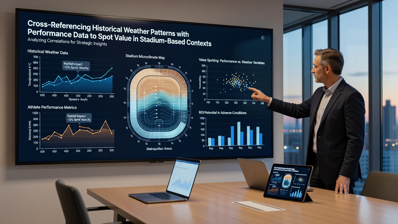 Data visualization screen displaying weather and performance correlation graphs for stadium events