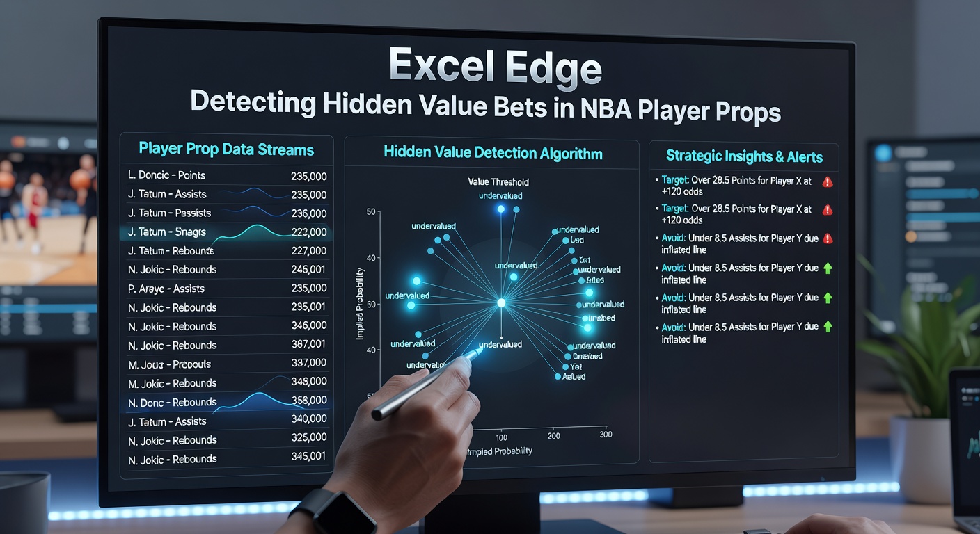 Close-up of Excel formulas calculating expected value for NBA player props, showing positive EV highlights and historical data comparisons