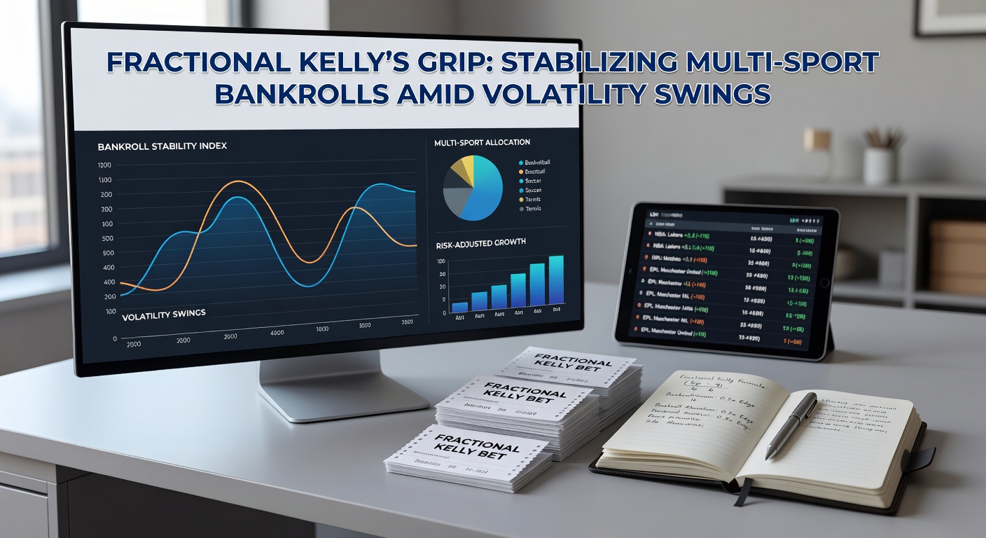 Side-by-side comparison charts of multi-sport bankroll trajectories under full Kelly, half Kelly, and fixed staking, demonstrating smoother equity curves with fractional methods amid sharp volatility spikes