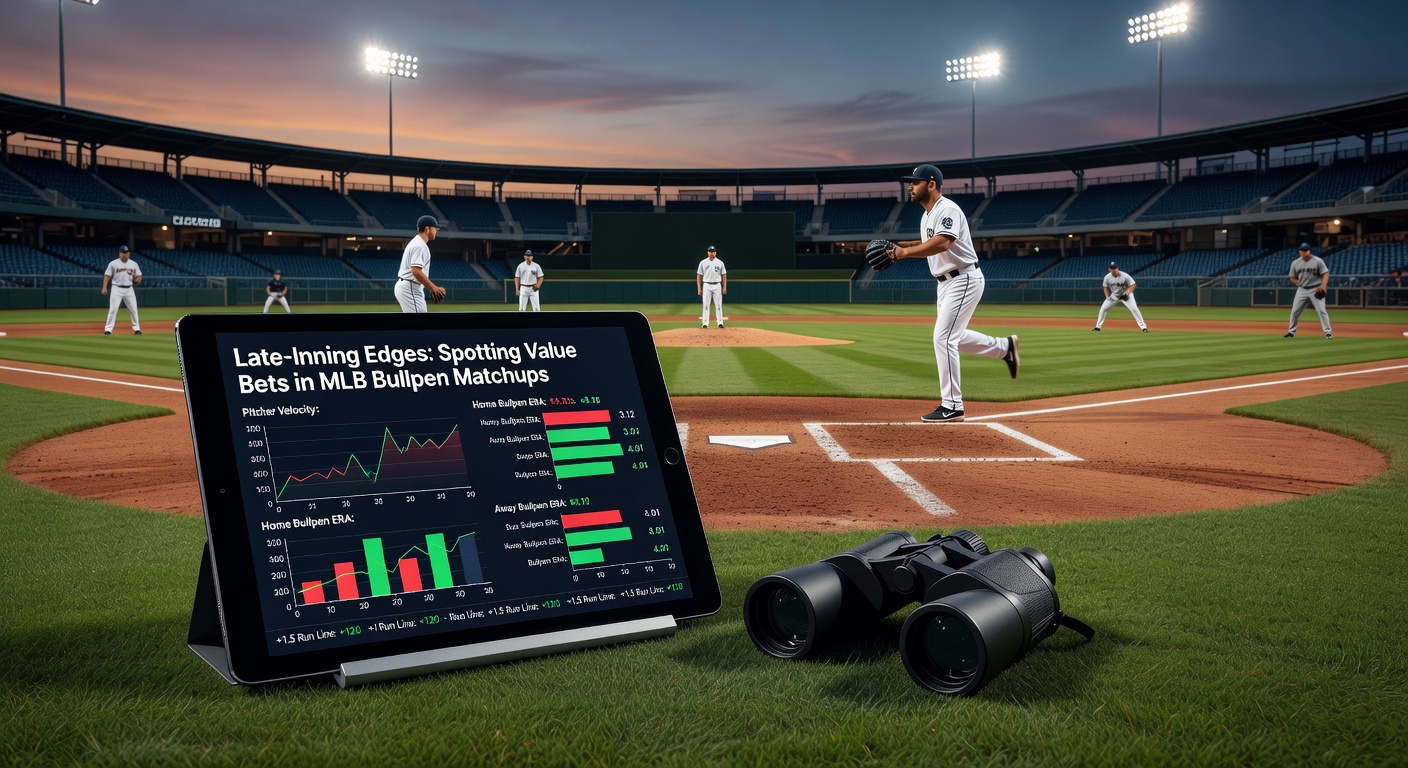 Close-up of a bullpen pitcher warming up, data overlays showing key stats like velocity and spin rate for late-inning decisions