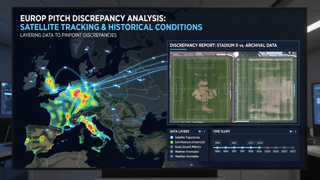 Historical pitch condition charts merged with satellite player tracking heatmaps for a midweek European league fixture