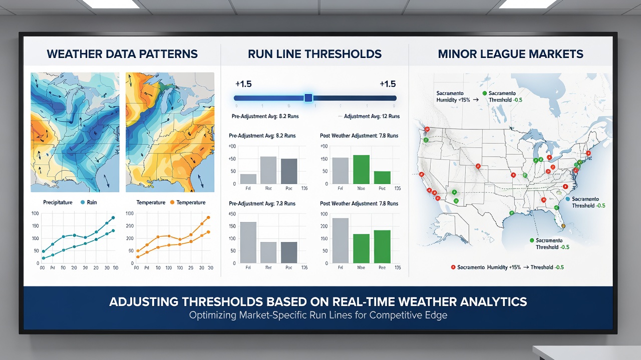 Data visualization dashboard displaying weather pattern overlays on minor league baseball field diagrams with run line adjustment metrics
