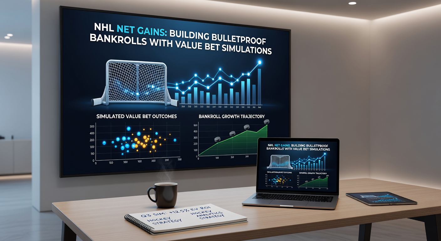 Graph illustrating simulated bankroll growth for NHL value bets using fractional Kelly, showing steady upward curve amid variance spikes
