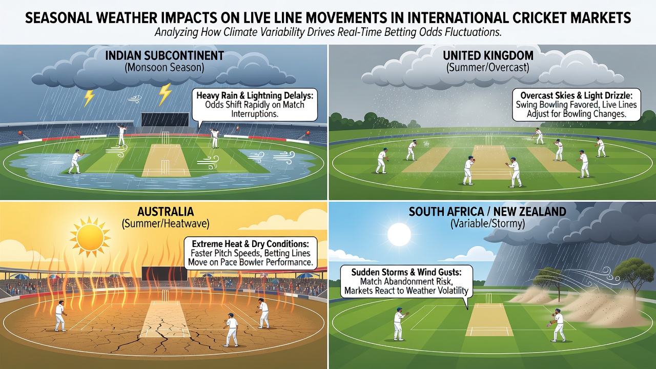 Live odds screen displaying cricket match updates alongside weather radar overlay