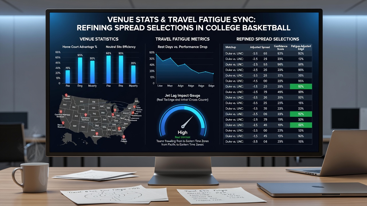 Analytical dashboard displaying synchronized venue and travel fatigue data for conference basketball spreads