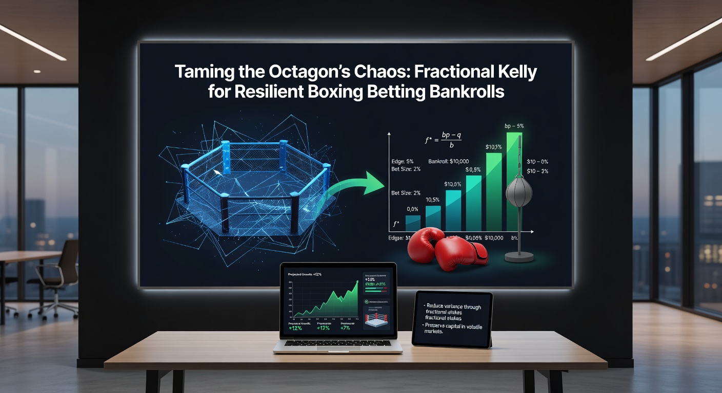 A detailed graph showing bankroll growth curves for full Kelly versus fractional Kelly strategies over 200 simulated boxing bets, with fractional lines demonstrating smoother upward trajectories and shallower dips amid volatility spikes