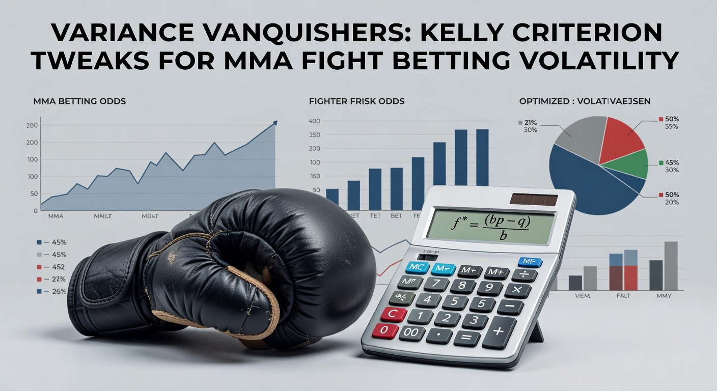 Infographic comparing full Kelly vs. half-Kelly drawdown histograms for simulated MMA betting seasons, highlighting reduced volatility in tweaked versions